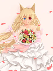 Rule 34 | 1girl, animal ears, bare shoulders, blonde hair, blue eyes, bouquet, bow, bride, collarbone, dress, flower, g41 (girls&#039; frontline), girls&#039; frontline, hair bow, heterochromia, highres, ling huanxiang, long hair, looking at viewer, low twintails, petals, red eyes, smile, solo, twintails, very long hair, wedding dress, white dress