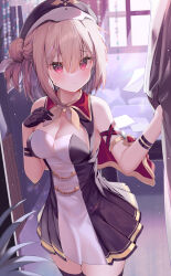 Rule 34 | 1girl, absurdres, arm strap, azur lane, bare shoulders, black dress, black gloves, black hat, black thighhighs, blonde hair, breasts, capelet, cleavage, cleavage cutout, closed mouth, clothing cutout, commission, cowboy shot, curtains, dress, embarrassed, frown, gloves, gold trim, hair bun, half gloves, hands up, hat, hecha (01964237), highres, leipzig (azur lane), looking at viewer, medium breasts, medium hair, military hat, pixiv commission, red eyes, sleeveless, sleeveless dress, solo, standing, thighhighs, two-tone dress, window, zettai ryouiki