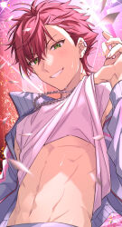Rule 34 | 1boy, chain, chain necklace, clothes lift, earrings, green eyes, helios rising heroes, highres, jacket, jewelry, male focus, midriff, navel, necklace, otori akira, red hair, sekina, shirt, shirt lift, short hair, smile, solo, stomach, teeth, white shirt