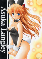 Rule 34 | 1girl, ass, bare arms, bare legs, bare shoulders, black leotard, blue eyes, blush, breasts, cleavage, detached collar, floating hair, interface headset, leotard, long hair, looking at viewer, medium breasts, neon genesis evangelion, nightmare77zx, orange hair, playboy bunny, shiny skin, smile, solo, souryuu asuka langley, traditional media, twintails, wide hips