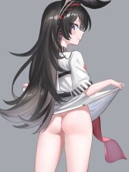 Rule 34 | 1girl, animal ears, april (arknights), arknights, ass, black hair, blush, bottomless, brown hair, clothes lift, cowboy shot, dress, dress lift, from behind, grey background, headphones, highres, implied extra ears, long hair, looking at viewer, looking back, profile, purple eyes, rabbit ears, rabbit girl, sassakntm, simple background, solo, spiked hair, thighs, tongue, tongue out, white dress