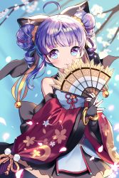 Rule 34 | 1girl, bad id, bad pixiv id, bangle, bare shoulders, black gloves, black skirt, blue eyes, blurry, blurry background, blush, bracelet, closed mouth, commentary request, copyright request, depth of field, detached sleeves, double bun, dress, fingerless gloves, flower, gloves, hair bun, hand fan, highres, holding, holding fan, jewelry, long sleeves, mechuragi, multicolored eyes, petals, pleated skirt, purple eyes, purple hair, red sleeves, ringlets, short twintails, side bun, sidelocks, skirt, sleeveless, sleeveless dress, smile, solo, twintails, white dress, white flower, wide sleeves