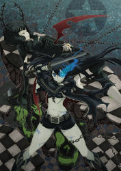 Rule 34 | 10s, absurdres, belt, bikini, bikini top only, black hair, black rock shooter, black rock shooter (character), blood, blue blood, blue eyes, boots, chain, coat, colored blood, dead master, flat chest, glowing, glowing eyes, green eyes, highres, horns, long hair, midriff, navel, pale skin, scar, shorts, skull, swimsuit, sword, twintails, vinhnyu, weapon