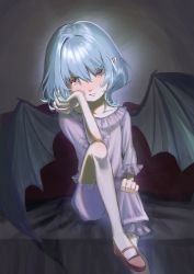 Rule 34 | 1girl, absurdres, bat wings, bloomers, blue hair, collarbone, commentary, crying, crying with eyes open, dark background, english commentary, foot out of frame, frilled sleeves, frills, hair between eyes, hand on own cheek, hand on own face, head tilt, highres, long sleeves, looking at viewer, mary janes, medium hair, mixed-language commentary, no headwear, pajamas, petarikooo, pink bloomers, pink pajamas, pointy ears, red eyes, red footwear, remilia scarlet, shoes, sitting, sleepwear, solo, tears, touhou, wings