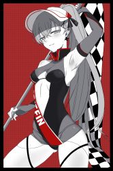 Rule 34 | 1girl, arm behind head, armpits, blush, border, breasts, center opening, checkered flag, clothes writing, contrapposto, cowboy shot, cross, cross earrings, cyril m45, earrings, elbow gloves, fingerless gloves, flag, girls&#039; frontline, gloves, hair between eyes, half-closed eyes, highres, holding, holding flag, iron cross, jewelry, long hair, looking at viewer, monochrome, multiple piercings, official alternate costume, parted lips, ponytail, ppk (girls&#039; frontline), ppk (mach tempest) (girls&#039; frontline), race queen, ribbon, skindentation, small breasts, smile, solo, thigh strap, thighs, very long hair, visor cap