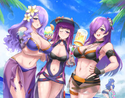 Rule 34 | 4girls, alternate costume, armlet, ass, beach, beer mug, between breasts, bikini, black bikini, blue bikini, blue hair, blue one-piece swimsuit, blue sky, breasts, burnt green tea, camilla (fire emblem), camilla (summer) (fire emblem), cleavage, cloud, cocktail glass, color connection, commentary, cup, drinking glass, english commentary, female focus, fire emblem, fire emblem: three houses, fire emblem awakening, fire emblem cipher, fire emblem engage, fire emblem fates, fire emblem heroes, fire emblem warriors: three hopes, flower, hair flower, hair ornament, hair over one eye, hand on own hip, hat, holding, holding cup, in-franchise crossover, innertube, ivy (fire emblem), ivy (summer) (fire emblem), large breasts, long hair, looking at viewer, lucina (fire emblem), matching hair/eyes, mug, multi-strapped bikini bottom, multiple girls, navel, nintendo, official alternate costume, one-piece swimsuit, palm tree, purple bikini, purple eyes, purple hair, purple theme, sarong, see-through, see-through sarong, shez (female) (fire emblem), shez (female) (summer) (fire emblem), shez (fire emblem), sky, smile, swim ring, swimsuit, toned, trait connection, tree, tropical drink, wet, whistle, whistle around neck