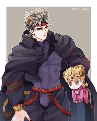 Rule 34 | 2boys, aged down, alternate color, alternate hair color, animal ears, black nails, blonde hair, bracelet, cape, carrying, commentary request, dio brando, earrings, father and son, giorno giovanna, grey hair, grm jogio, headband, highres, jacket, jewelry, jojo no kimyou na bouken, lion boy, lion ears, lion tail, long hair, long sleeves, male focus, multiple boys, muscular, muscular male, pants, red eyes, red headband, smile, stardust crusaders, tail, vento aureo
