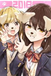 Rule 34 | 2018, 2girls, :d, animal ears, blonde hair, bow, bowtie, brown eyes, brown hair, buttons, chinese zodiac, claw pose, collared shirt, dog ears, earrings, fang, glint, hand up, highres, jacket, jewelry, long sleeves, looking at viewer, medium hair, multiple girls, nail polish, open clothes, open jacket, open mouth, original, paw print, pink eyes, pink nails, purple jacket, red neckwear, shirt, short hair, smile, twintails, umakuchi shouyu, vest, white shirt, wing collar, year of the dog, yellow vest