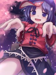 Rule 34 | 1girl, beret, blue eyes, blue hair, blurry, blush, blush stickers, cherry blossoms, depth of field, female focus, foreshortening, hat, highres, lzh, matching hair/eyes, miyako yoshika, night, ofuda, open mouth, outstretched arms, petals, purple eyes, purple hair, skirt, smile, solo, star (sky), tombstone, touhou, tree, zombie pose