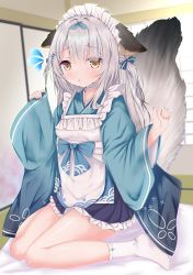 Rule 34 | 1girl, absurdres, animal ears, azur lane, blush, breasts, collarbone, commentary request, futon, grey hair, highres, looking at viewer, maid, maid headdress, miyuki (azur lane), miyuki (shopping rendezvous) (azur lane), official alternate costume, small breasts, solo, tail, thighs, wa maid, yanmaa (yanmar195), yellow eyes