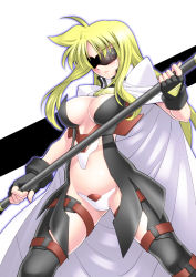 Rule 34 | 00s, 1girl, armor, bardiche (nanoha), blonde hair, blush, breasts, c-string, cape, cleavage, fate testarossa, fingerless gloves, gloves, large breasts, long hair, looking at viewer, lyrical nanoha, mahou shoujo lyrical nanoha, mahou shoujo lyrical nanoha strikers, sakura ryuuken, simple background, solo, strapless bottom, sunglasses, thighhighs, white background