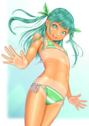 Rule 34 | 1girl, bikini, commentary request, flat chest, green bikini, green eyes, highres, long hair, looking at viewer, navel, open mouth, original, side-tie bikini bottom, smile, solo, swimsuit, tan, tanline, two side up, uzuki mei