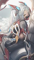 Rule 34 | 1girl, absurdres, alternate costume, antenna hair, arm guards, armor, azur lane, black bodysuit, bodysuit, breasts, cloud, commentary request, covered mouth, cowboy shot, from behind, headgear, highres, large breasts, long hair, looking at viewer, looking back, mask, mecha, mouth mask, multicolored hair, prinz eugen (azur lane), red hair, robot, silver hair, solo, streaked hair, two side up, very long hair, yusha m