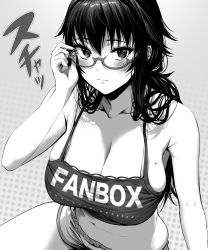 1girl, absurdres, bangs, bare shoulders, blush, breasts, cleavage, closed mouth, crop top, from above, gibagiba, glasses, greyscale, hair between eyes, highres, large breasts, long hair, looking at viewer, midriff, mole, mole on breast, mole under eye, monochrome, navel, original, short shorts, shorts, sitting, smile, tank top, thighs