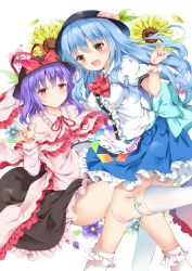 Rule 34 | 2girls, :d, black hat, blouse, blue bow, blue hair, blue skirt, blush, bow, bowtie, breasts, buttons, commentary request, dress shirt, frills, hair between eyes, hair ornament, hat, hinanawi tenshi, long hair, looking at viewer, medium breasts, multiple girls, neck ribbon, open mouth, puffy short sleeves, puffy sleeves, red bow, red eyes, ribbon, shirt, short hair, short sleeves, skirt, smile, sugisaki yuu, touhou, white shirt