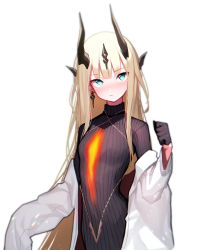 Rule 34 | 1girl, absurdres, arknights, beudelb, black gloves, black sweater, blonde hair, blush, commentary, dragon horns, earrings, female focus, gloves, hair ornament, hand up, highres, horns, jacket, jewelry, korean commentary, long hair, long sleeves, looking at viewer, open clothes, open jacket, reed (arknights), ribbed sweater, simple background, solo, sweater, upper body, white background, white jacket