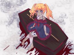 Rule 34 | 1girl, bare shoulders, barefoot, black dress, blonde hair, blood, blue eyes, character request, coffin, commentary request, dress, extra eyes, frilled dress, frills, full body, heart, heart-shaped pupils, heterochromia, highres, long hair, looking at viewer, nagai gojitsudan no nechronica, nail polish, off-shoulder dress, off shoulder, omase (mnnk umai), parted lips, patchwork skin, pink nails, puffy short sleeves, puffy sleeves, red eyes, ringlets, short sleeves, sitting, solo, stitches, symbol-shaped pupils, twintails