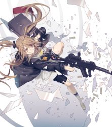 Rule 34 | 1girl, arm up, bag, black bag, black jacket, black shorts, blood, blood on face, blood on leg, bow, brown eyes, brown hair, closed mouth, commentary, full body, girls&#039; frontline, gun, h&amp;k ump, hair bow, hair ornament, hairpin, highres, holding, holding gun, holding weapon, id card, jacket, licking lips, long hair, long sleeves, looking away, official alternate costume, open clothes, open jacket, print shirt, rabb horn, sandals, shirt, shorts, shoulder bag, smile, socks, solo, submachine gun, tongue, tongue out, torn clothes, torn shirt, twintails, ump9 (bee&#039;s knees) (girls&#039; frontline), ump9 (girls&#039; frontline), weapon, white shirt, white socks