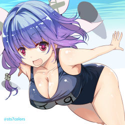 Rule 34 | 10s, 1girl, blue hair, blush, breasts, fang, female focus, gradient background, hair ornament, hair ribbon, i-19 (kancolle), kantai collection, large breasts, long hair, name tag, one-piece swimsuit, open mouth, red eyes, ribbon, school swimsuit, smile, solo, sts, swimsuit, torpedo, twintails, underwater, water, wide hips