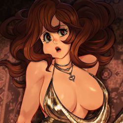 Rule 34 | 1girl, alex ahad, breasts, brown eyes, brown hair, cleavage, dress, drss, jewelry, large breasts, lipstick, long hair, lupin iii, makeup, mine fujiko, necklace, open mouth, silver dress