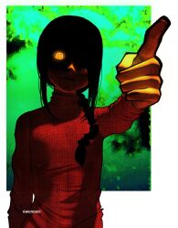 Rule 34 | 1girl, artist name, black hair, braid, braided ponytail, chainsaw man, gwenervi, hair over one eye, hair over shoulder, highres, looking at viewer, medium hair, nayuta (chainsaw man), open mouth, pointing, pointing at viewer, red sweater, ringed eyes, shaded face, solo, sweater, yellow eyes