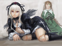 Rule 34 | 2girls, absurdres, boots, breasts, brown hair, cleavage, cleavage reach, covering own mouth, doll joints, doyora, frills, green eyes, hairband, hand over own mouth, hand to own mouth, heterochromia, high heels, highres, joints, lolita fashion, long hair, multiple girls, red eyes, rozen maiden, shoes, suigintou, suiseiseki, white hair, wings