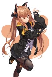 Rule 34 | absurdres, animal ears, belt, black bow, black footwear, black gloves, black jacket, black pantyhose, black skirt, blush, boots, bow, brown eyes, brown hair, cat ears, closed mouth, fang, fang out, fingerless gloves, girls&#039; frontline, gloves, hair between eyes, hair bow, hair ornament, hair ribbon, hairclip, highres, hood, hood down, hooded jacket, jacket, lips, long hair, long sleeves, looking at viewer, one eye closed, open clothes, open jacket, pantyhose, paw pose, paw print, pleated skirt, ribbon, scar, scar across eye, scar on face, shirt, simple background, skirt, smile, solo, standing, standing on one leg, star741, twintails, ump9 (girls&#039; frontline), white background, white shirt