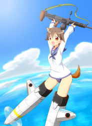 Rule 34 | 1girl, :d, :s, animal ears, brown hair, cloud, day, drum magazine, gun, highres, kasumisometsuki, looking at viewer, machine gun, magazine (weapon), miyafuji yoshika, open mouth, orange eyes, sky, smile, solo, strike witches, striker unit, swimsuit, swimsuit under clothes, tail, weapon, world witches series