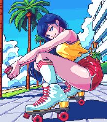 Rule 34 | 1girl, blue eyes, blue hair, blue sky, closed mouth, cloud, coconut tree, commentary, day, highres, holding, long hair, looking at viewer, looking to the side, making-of available, original, outdoors, palm tree, pixel art, red shorts, roller skates, shadow, shirt, shirt tucked in, shorts, skates, sky, sleeveless, sleeveless shirt, socks, solo, squatting, thighs, tree, umbrella mica, white socks, yellow shirt