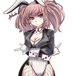 Rule 34 | 1girl, adapted costume, animal ears, atlanta (kancolle), black coat, breasts, brown hair, character name, cleavage, coat, cowboy shot, crossed arms, detached collar, earrings, fake animal ears, fishnet pantyhose, fishnets, gloves, grey eyes, jewelry, kantai collection, large breasts, leotard, long hair, looking at viewer, pantyhose, partially fingerless gloves, playboy bunny, rabbit ears, rabbit girl, ribbed leotard, simple background, solo, star (symbol), star earrings, strapless, strapless leotard, tailcoat, two side up, udukikosuke, white background, white gloves, white leotard, wrist cuffs