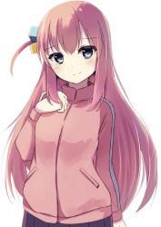 Rule 34 | 1girl, arm at side, blue eyes, blush, bocchi the rock!, cube hair ornament, gotoh hitori, hair ornament, hand up, highres, jacket, long hair, long sleeves, natsume suzuri, one side up, pink hair, pink jacket, skirt, smile, solo, track jacket, very long hair, white background