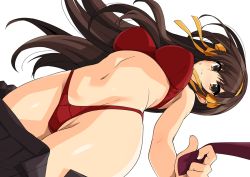 Rule 34 | 1girl, black skirt, bow, bra, breasts, brown eyes, brown hair, closed mouth, clothes pull, commentary request, hairband, haruhisky, highleg, highleg panties, long hair, medium breasts, navel, necktie, neckwear grab, open clothes, open skirt, orange bow, orange hairband, panties, pleated skirt, red bra, red necktie, red panties, simple background, skirt, skirt pull, solo, stomach, suzumiya haruhi, suzumiya haruhi no yuuutsu, underwear, v-shaped eyebrows, white background