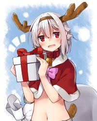 Rule 34 | 1girl, adyisu, altair floone, antlers, bell, capelet, christmas, collar, gift, grey hair, hair between eyes, holding, holding gift, horns, looking at viewer, midriff, navel, neck bell, open mouth, original, sack, santa costume, short hair, smile, snow, solo, tail, twitter username, upper body