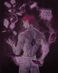 Rule 34 | 1boy, bare shoulders, bug, card, chaeillll, cowboy shot, diamond (shape), earrings, highres, hisoka morow, hunter x hunter, jewelry, looking at viewer, looking back, male focus, muscular, muscular male, nen (hunter x hunter), pants, profile, red hair, short hair, smile, solo, spade (shape), spider, spider tattoo, tattoo, teardrop facial mark, teardrop tattoo, topless male, white pants, yellow eyes