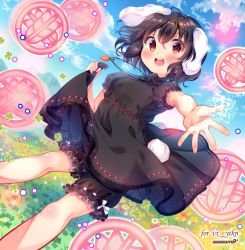 Rule 34 | 1girl, alternate color, amo (shibu3), animal ears, artist name, black dress, black hair, bloomers, blue sky, carrot necklace, clothes pull, cloud, clover, dress, dress pull, floppy ears, four-leaf clover, highres, inaba tewi, jewelry, looking at viewer, necklace, open mouth, outdoors, pulling own clothes, rabbit ears, rabbit tail, red eyes, short hair, short sleeves, sky, solo, tail, teeth, touhou, underwear, upper teeth only