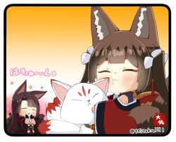 Rule 34 | 2girls, :3, :d, ^ ^, akagi (azur lane), amagi-chan (azur lane), animal ears, azur lane, black hair, blunt bangs, blush, breasts, brown hair, cleavage, closed eyes, commentary request, hugging doll, eyeshadow, fox ears, fox girl, fox tail, hair between eyes, hair ornament, hair tubes, hands on own cheeks, hands on own face, japanese clothes, kimono, kitsune, kyuubi, long hair, long sleeves, looking at viewer, makeup, multiple girls, multiple tails, hugging object, off shoulder, open mouth, parted bangs, rope, shimenawa, sidelocks, signature, simple background, smile, stuffed animal, stuffed fox, stuffed toy, tail, taisa (kari), thick eyebrows, translation request, twintails, twitter username, wide sleeves