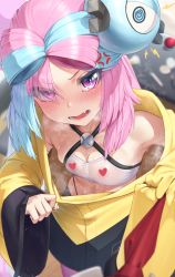 Rule 34 | 1girl, absurdres, anger vein, angry, armpits, blue hair, blurry, blush, breasts, breath, censored, censored nipples, character hair ornament, cleavage, clothes pull, commentary request, creatures (company), game freak, hair ornament, heart, heart censor, highres, iono (pokemon), jacket, long hair, looking at viewer, multicolored hair, nintendo, open mouth, padoruu, pink hair, pokemon, pokemon sv, pulling own clothes, purple eyes, see-through, solo, steam, steaming body, sweat, teeth, tongue, two-tone hair, wide sleeves, yellow jacket