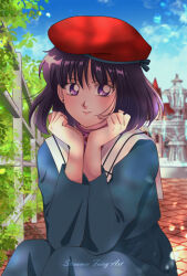 Rule 34 | 1girl, artist name, beret, bishoujo senshi sailor moon, blue dress, blurry, blurry background, bush, cloud, cloudy sky, cobblestone, day, dress, fence, hat, highres, koya, leaf, looking at viewer, outdoors, purple eyes, purple hair, red hat, sailor collar, shaded face, short hair, sitting, sky, solo, tomoe hotaru, white sailor collar