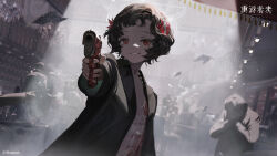 Rule 34 | 1girl, 6+boys, aiming, aiming at viewer, backlighting, bar (place), black coat, black hair, blurry, blurry background, chandelier, coat, copyright name, copyright notice, crowd, curly hair, dress, dutch angle, feather dress, feather hair ornament, feathers, finger on trigger, flat chest, grin, gun, hair ornament, handgun, highres, holding, holding gun, holding weapon, long sleeves, looking at viewer, multiple boys, official art, official wallpaper, pointing gun, red dress, red eyes, red feathers, reverse:1999, schneider (reverse:1999), short hair, smile, solo focus, spotlight, upper body, weapon, yetecong