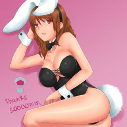 Rule 34 | 1990s (style), 1girl, animal ears, breasts, brown hair, cissnei, cleavage, crisis core final fantasy vii, fake animal ears, final fantasy, final fantasy vii, large breasts, leotard, milestone celebration, playboy bunny, rabbit ears, red eyes, retro artstyle, rokuichi, solo, turks (ff7)