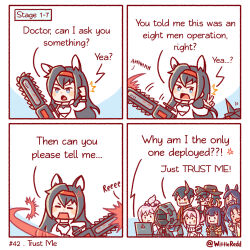 Rule 34 | 2boys, 3others, 5girls, ambiguous gender, animal ears, arknights, blaze (arknights), cat ears, cat girl, chainsaw, chibi, comic, computer, conviction (arknights), dobermann (arknights), doctor (arknights), english text, flamebringer (arknights), highres, horns, kirara (arknights), laptop, mr. nothing (arknights), multiple boys, multiple girls, multiple others, originium slug (arknights), pudding (arknights), tsukinogi (arknights), twitter username, wittle red