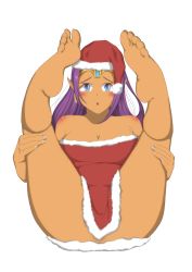 Rule 34 | 1girl, absurdres, ass, bare shoulders, barefoot, blue eyes, blush, breasts, christmas, cleavage, dark skin, dark-skinned female, earrings, feet, feet up, female focus, hair down, hat, highres, holding legs, jewelry, leg hold, legs, legs up, long hair, looking at viewer, open mouth, pointy ears, purple hair, santa costume, santa hat, shantae, shantae (series), simple background, soles, solo, symipay, thighs, tiara, toes, very long hair, white background