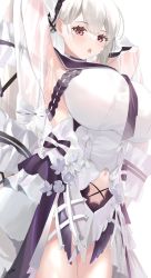 Rule 34 | 1girl, :o, armpits, arms up, azur lane, black necktie, blush, breasts, clothing cutout, dress, flower, formidable (azur lane), formidable (timeless classics) (azur lane), frills, grey hair, hair ornament, highres, large breasts, long hair, looking at viewer, megumi kei, navel, navel cutout, necktie, red eyes, school uniform, serafuku, simple background, sleeveless, solo, thighs, twintails, veil, very long hair, white background