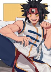 Rule 34 | 1boy, bed, beyblade, black hair, kon rei, male focus, open mouth, pillow, short hair, sitting, sleeveless, smile, solo, tongue, yellow eyes