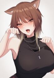 Rule 34 | 1girl, absurdres, aketa mikoto, animal ears, armpits, black shirt, blush, bracelet, breasts, brown hair, cat ears, chain necklace, extra ears, gradient hair, highres, idolmaster, idolmaster shiny colors, jewelry, large breasts, light brown hair, looking at viewer, multicolored eyes, multicolored hair, necklace, nyan, shirt, simple background, sleeveless, sleeveless shirt, solo, ssrg srrg, tongue, tongue out, upper body, white background