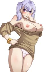 Rule 34 | 1girl, baggy clothing, bare shoulders, black clover, blush, bottomless, breasts, breasts out, curvy, female focus, grin, hand on face, highres, large breasts, long hair, looking away, looking to the side, nico-mo, nipples, no bra, noelle silva, oversized clothes, oversized shirt, panties, pink panties, simple background, presenting, breasts, puffy pussy, purple eyes, shirt, shounen jump, silver hair, simple background, smile, solo, 1girl, teeth, thick thighs, thighs, twintails, underwear, white background
