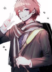 Rule 34 | 1boy, backpack, bag, blue necktie, brown jacket, character request, commentary request, grin, hands up, highres, jacket, jiz (pffbq), long sleeves, looking at viewer, male focus, necktie, one eye closed, pink eyes, pink hair, scar, school uniform, short hair, simple background, smile, solo, star (symbol), tennis no ouji-sama, upper body, v, white background