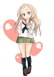 Rule 34 | 1girl, :t, absurdres, alternate costume, barashiya, black neckerchief, black socks, blonde hair, blouse, brown footwear, closed mouth, commentary, drill hair, eating, food, fruit, full body, girls und panzer, green eyes, green skirt, head tilt, highres, holding, holding food, ice cream cone, loafers, long hair, long sleeves, looking at viewer, marie (girls und panzer), miniskirt, neckerchief, ooarai school uniform, pleated skirt, school uniform, serafuku, shirt, shoes, skirt, smile, socks, solo, standing, strawberry, white background, white shirt