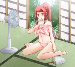 Rule 34 | 1girl, alternate hairstyle, arc system works, bare shoulders, barefoot, blazblue, blazblue: continuum shift, blue eyes, blush, breasts, camisole, cleavage, electric fan, hair tubes, hand fan, hot, japanese house, long hair, mutsuki yui, open mouth, panties, paper fan, ponytail, red hair, sitting, strap slip, sweat, tatami, tsubaki yayoi, uchiwa, underwear, wariza