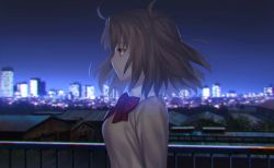 Rule 34 | 1girl, absurdres, blurry, blurry background, bow, bowtie, breasts, brown eyes, brown hair, city, cityscape, closed mouth, collared shirt, expressionless, from side, game cg, guard rail, highres, long sleeves, looking afar, looking ahead, medium breasts, medium hair, night, night sky, official art, on roof, outdoors, profile, railing, red bow, red bowtie, rooftop, shirt, sidelocks, sky, skyline, solo, standing, sweater, takeuchi takashi, tsukihime, tsukihime (remake), two side up, upper body, wind, wing collar, yellow sweater, yumizuka satsuki